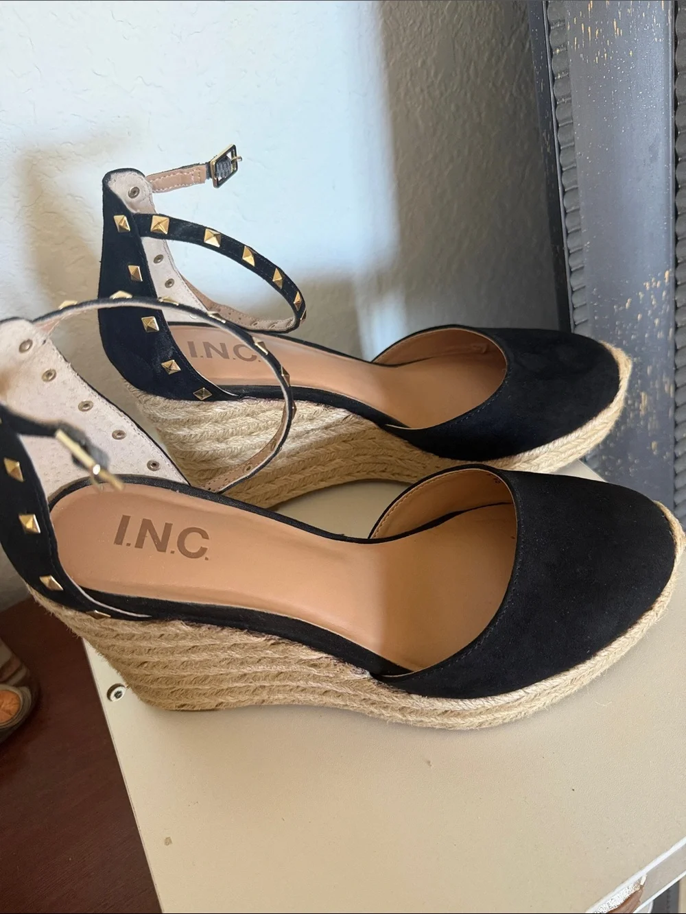 INC International Concepts Black Espadrille Wedge Sandals with Gold Stud Accents
